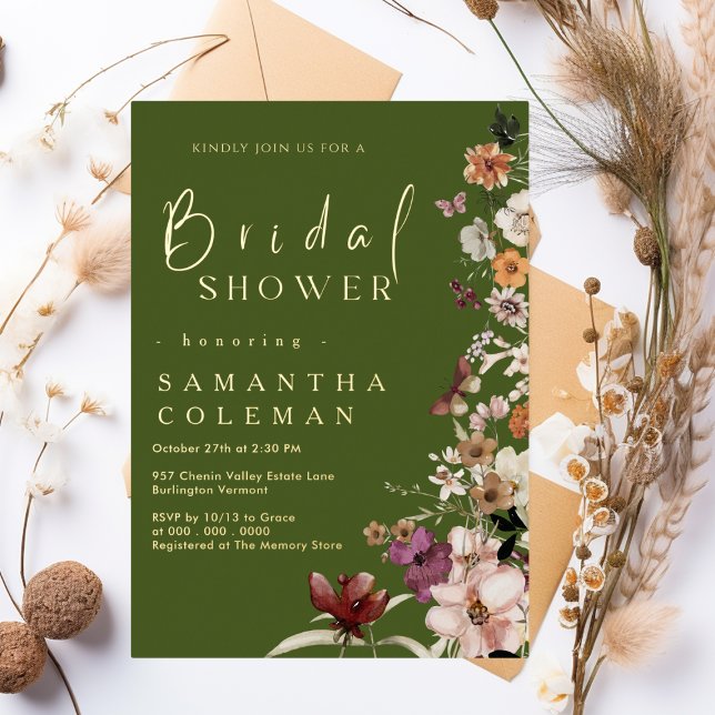 Boho Wildflower Rustic Moss Green Bridal Shower Foil Invitation (Creator Uploaded)