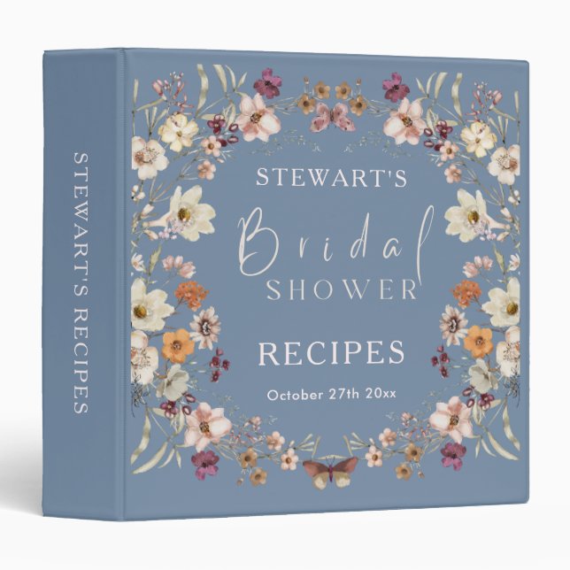 Boho Wildflower Rustic Periwinkle Bridal Shower 3 Ring Binder (Front/Spine)