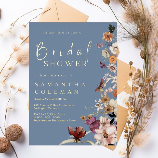 Boho Wildflower Rustic Periwinkle Bridal Shower Foil Invitation (Creator Uploaded)