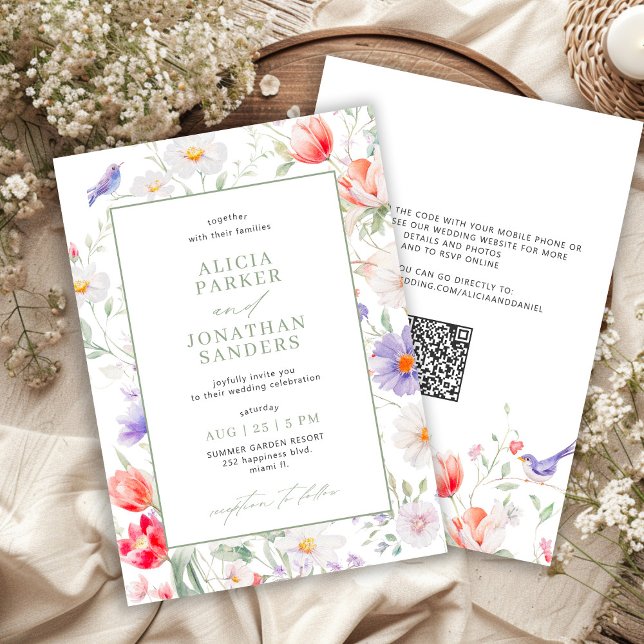 Boho wildflower sage green all in one QR wedding Invitation (Creator Uploaded)