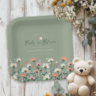 Boho Wildflower Sage Green Baby in Bloom Shower Paper Plates