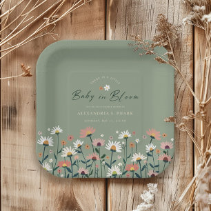 Boho Wildflower Sage Green Baby in Bloom Shower Paper Plates