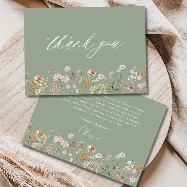 Boho Wildflower Sage Green Bridal Shower Thank You Card | Zazzle