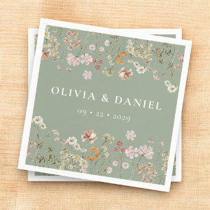 Boho Wildflower Sage Green Garden Wedding Napkins