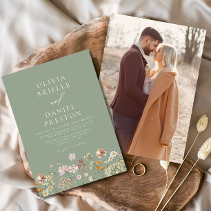 Boho Wildflower Sage Green Photo Garden Wedding Invitation