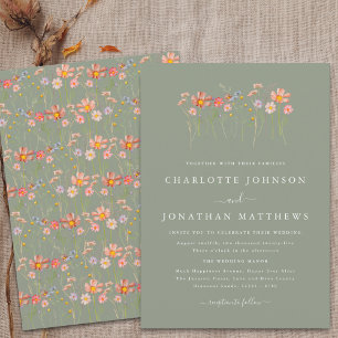 Boho Wildflower Sage Green Wedding Invitation