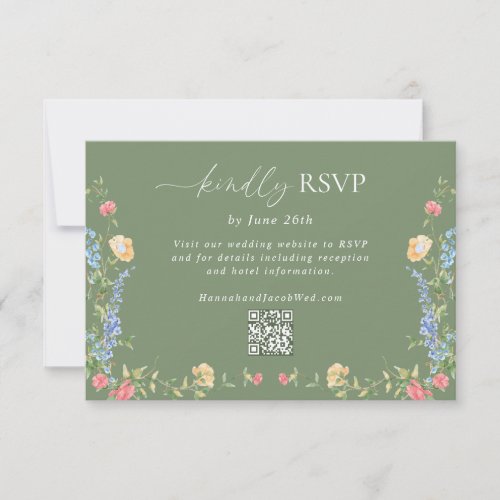 Boho Wildflower Sage Green Wedding QR Code RSVP Card