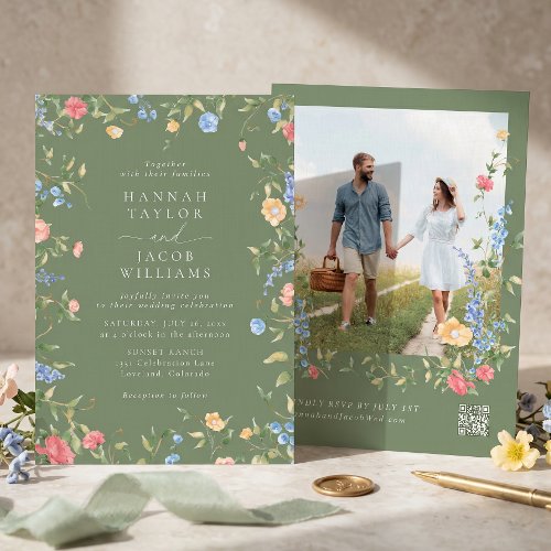 Boho Wildflower Sage Photo QR Code RSVP Wedding Invitation
