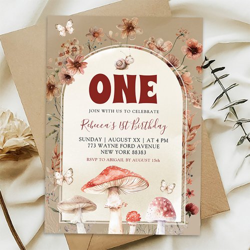 Boho Wildflower Snail and Mushroom First Birthday Invitation