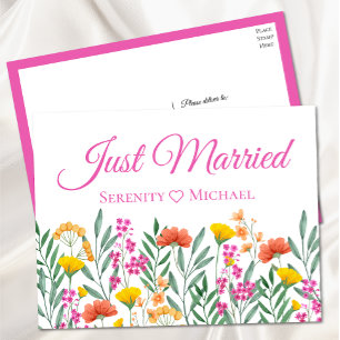 Boho Wildflower Spring Floral Just Married Wedding Announcement Postcard