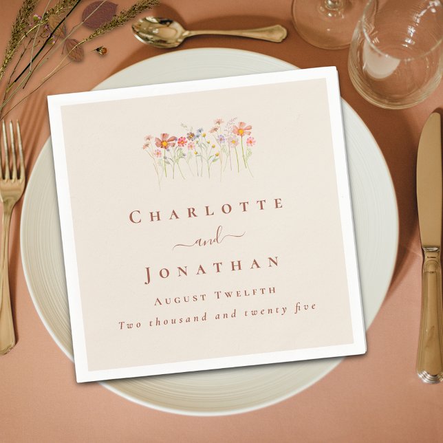 Boho Wildflower Tan Beige Terracotta Wedding Napkins (Boho Wildflower floral tan beige terracotta Wedding custom napkins Watercolor meadow flowers elegant)