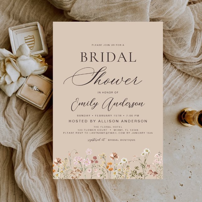 Boho Wildflower Taupe Neutral Bridal Shower  Invitation (Creator Uploaded)