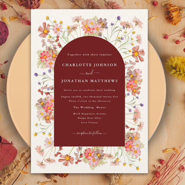 Boho Wildflower Terracotta Arch Fall Wedding Invitation (Terracotta burnt orange coral boho wildflower fall wedding invitation )