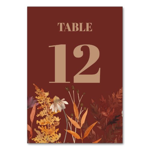 Boho Wildflower Terracotta Autumn Fall Wedding Table Number