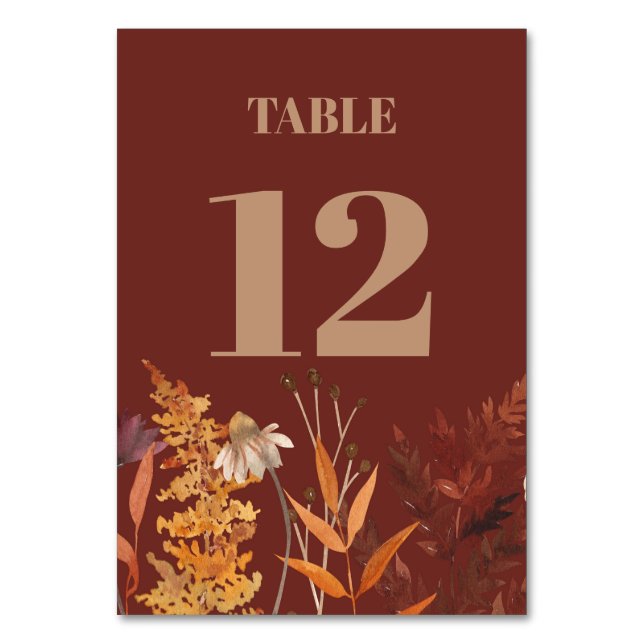 Boho Wildflower Terracotta Autumn Fall Wedding Table Number (Front)