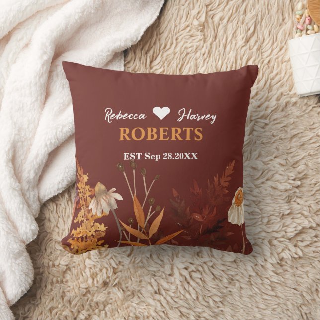 Boho Wildflower Terracotta Autumn Fall Wedding Throw Pillow (Blanket)