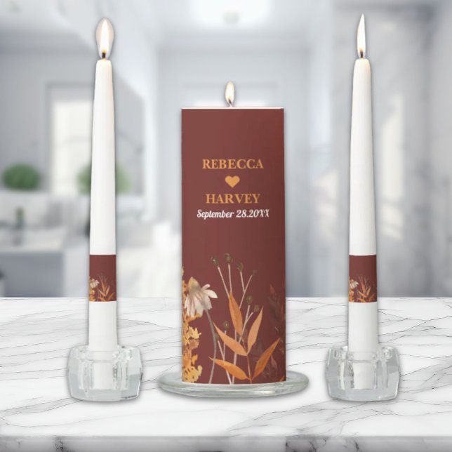 Boho Wildflower Terracotta Autumn Fall Wedding Unity Candle Set (Boho Wildflower Terracotta Autumn Fall Wedding Unity Candle Set)