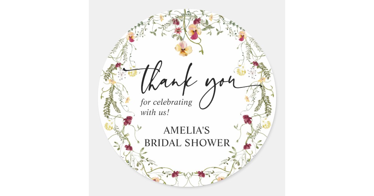 Boho Wildflower Thank You Bridal Shower Favor Classic Round Sticker ...