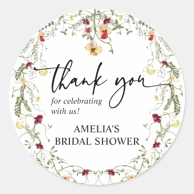 Boho Wildflower Thank You Bridal Shower Favor Classic Round Sticker ...