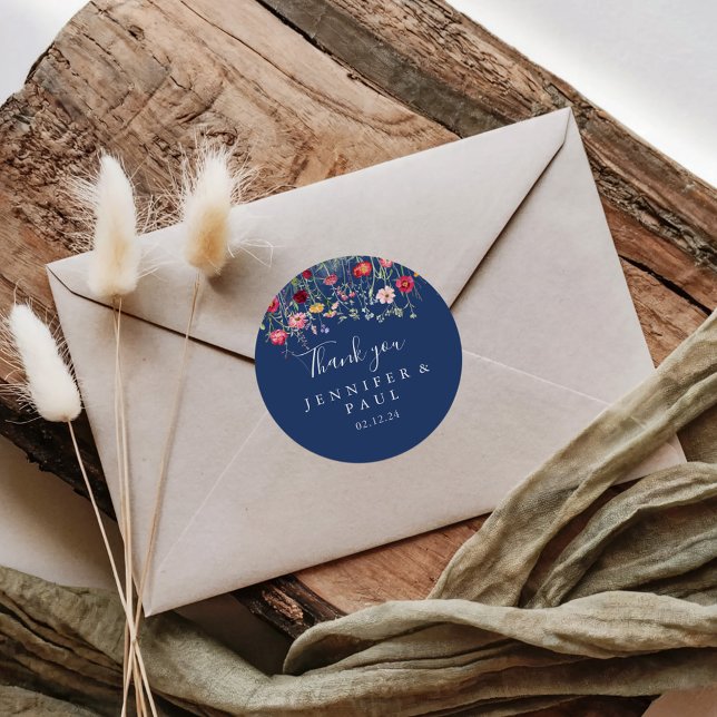 Boho Wildflower Thank You Wedding Favor Classic Round Sticker (Creator Uploaded)