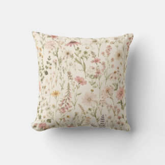 Boho Wildflower Throw Pillow -Beige Pink Floral