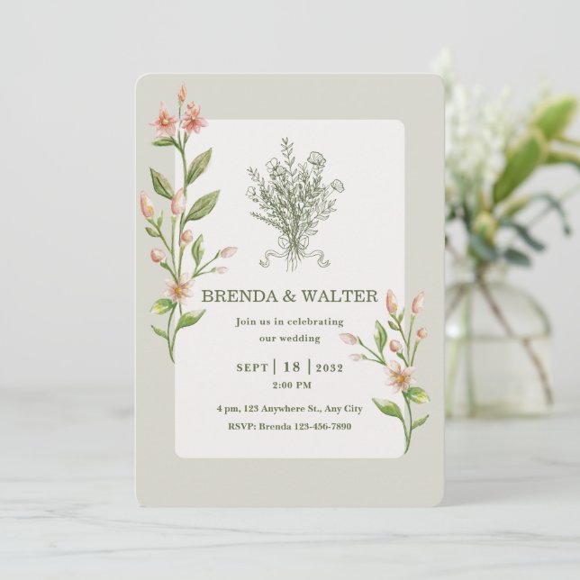 Boho Wildflower Watercolor Botanical Sage Wedding  Invitation (Standing Front)