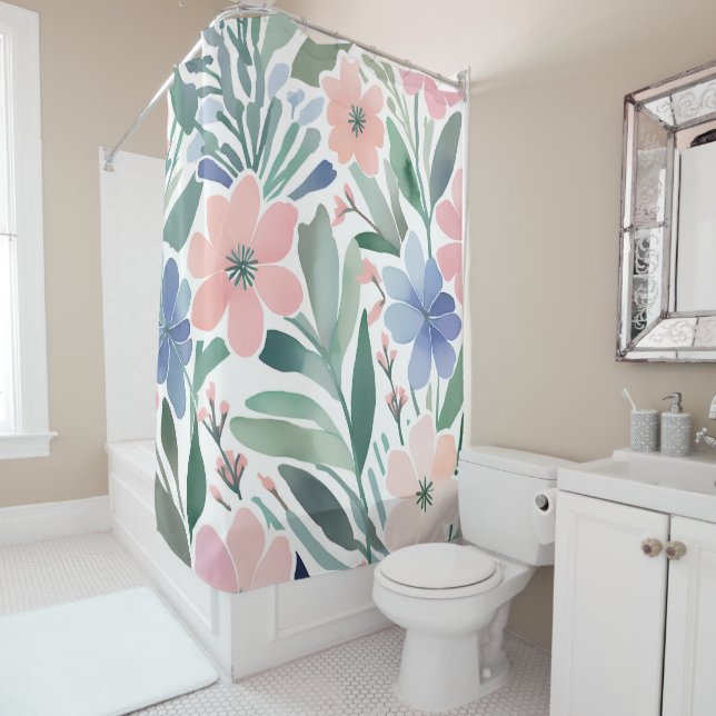 Boho Wildflower Watercolor Floral Bathroom Shower Curtain (In Situ)