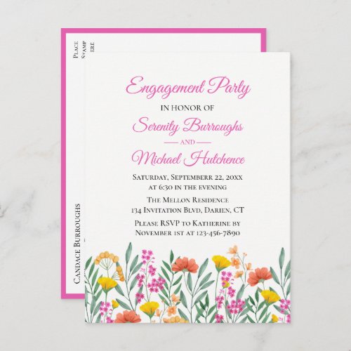 Boho Wildflower Watercolor Floral Engagement Party Invitation Postcard