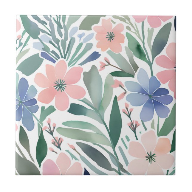 Boho Wildflower Watercolor Floral Pastel Accent Ceramic Tile (Front)