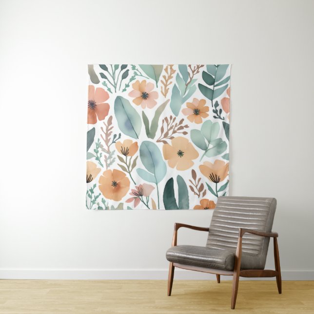 Boho Wildflower Watercolor Floral Pastel Wall  Tapestry (In Situ)