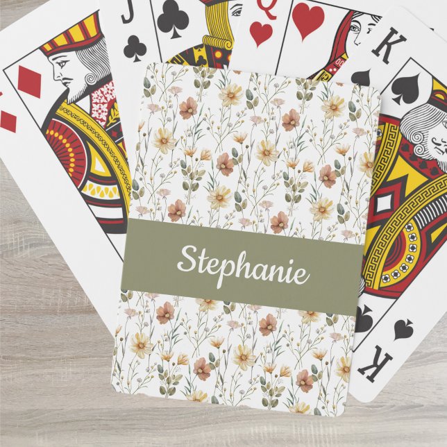 Boho Wildflower Watercolor Monogram Name Poker Cards (Creator Uploaded)