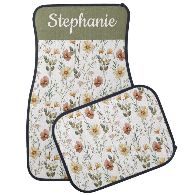 Boho Wildflower Watercolor Name Monogram Car Floor Mat (Set)