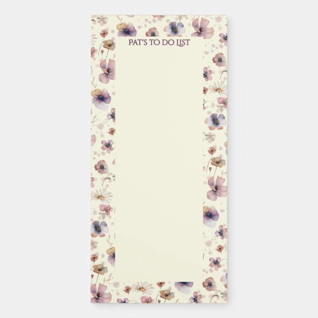 Boho Wildflower Watercolor Named Cream Blush Magnetic Notepad (Front)