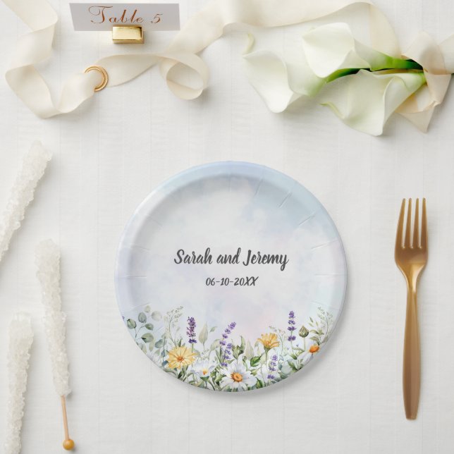 Boho Wildflower Watercolor Personalize Wedding Paper Plates (Wedding)