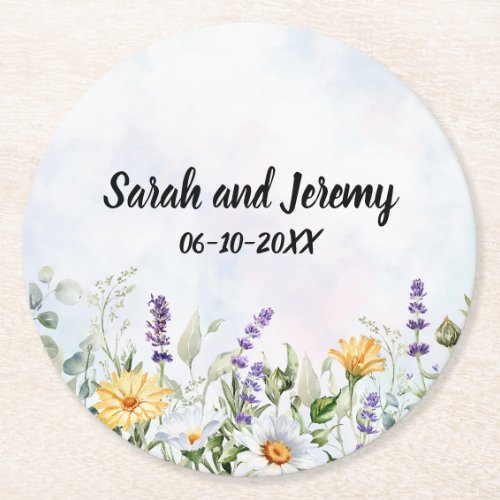 Boho Wildflower Watercolor Personalize Wedding Round Paper Coaster