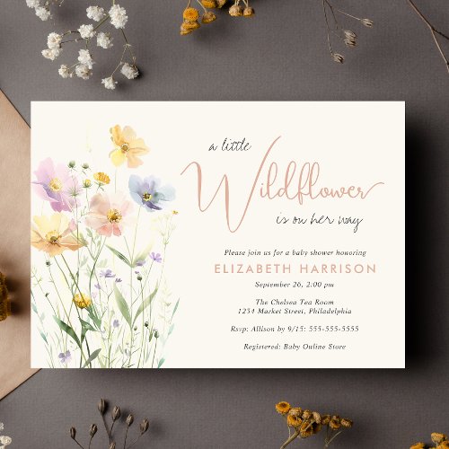 Boho Wildflower Watercolor Taupe Baby Girl Shower Invitation