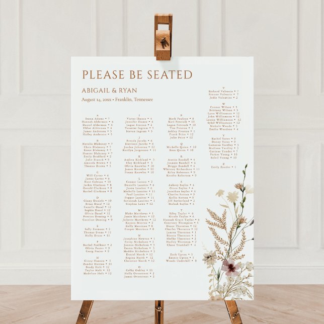Boho Wildflower Wedding Alphabetical Seating Chart Foam Board (Creator Uploaded)