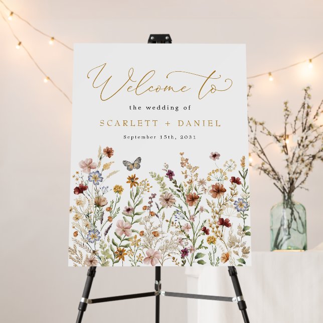 Boho Wildflower Wedding Garden Flowers Welcome Foam Board (In Situ (Stand))