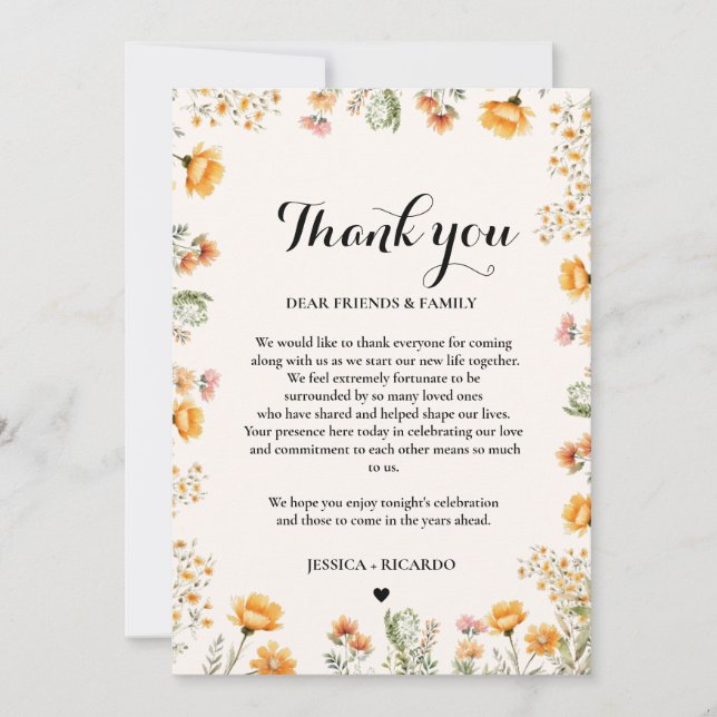 Boho Wildflower wedding guess table thank you card (Front)