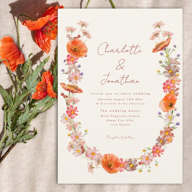 Boho Wildflower Wedding Invitation (Boho wildflower wreath wedding invitation )
