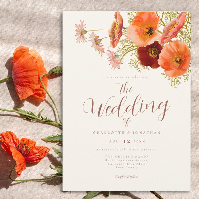 Boho Wildflower Wedding Invitation (Boho wildflower wedding invitation with elegant script orange and brown watercolor florals)