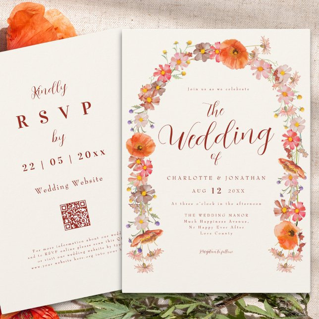 Boho Wildflower Wedding QR Code Invitation (Elegant boho wildflower arch wedding qr code invitation )