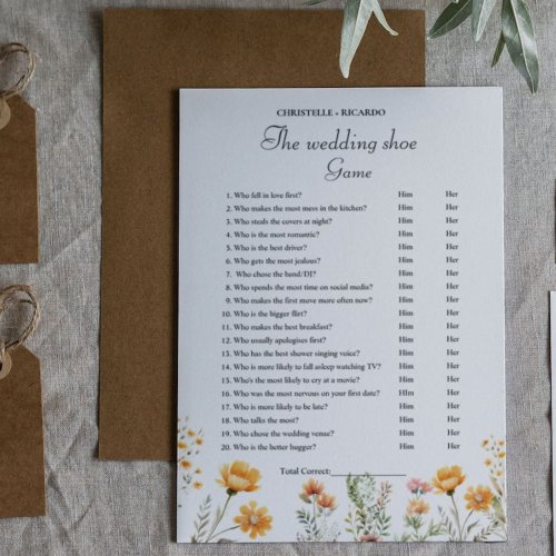 Boho Wildflower Wedding shoe game party game Card