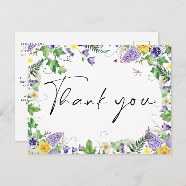 Boho Wildflower Wedding Thank You Postcard (Front/Back)
