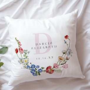 Boho Wildflower Wreath Monogram Nursery Throw Pillow