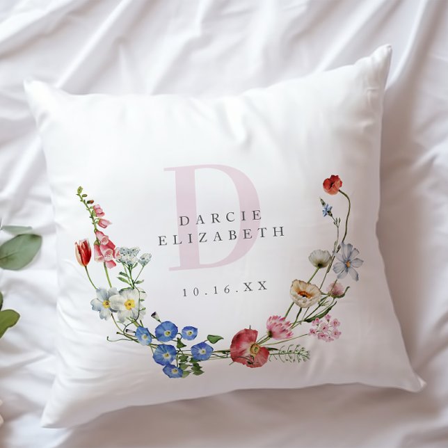 Boho Wildflower Wreath Monogram Nursery  Throw Pillow (Creator Uploaded)