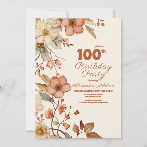 Boho Wildflowers 100th Birthday Invitation