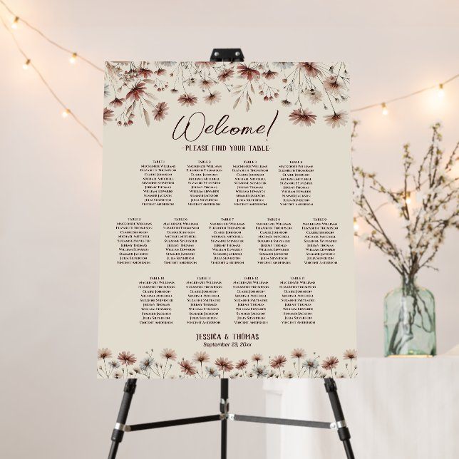 Boho Wildflowers 13 Table Wedding Seating Chart Foam Board (In Situ (Stand))