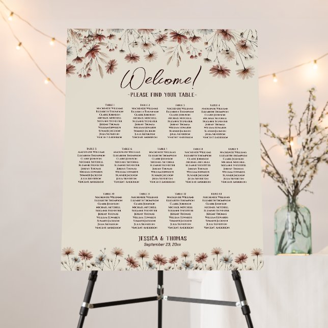 Boho Wildflowers 13 Table Wedding Seating Chart Foam Board (In Situ (Stand))