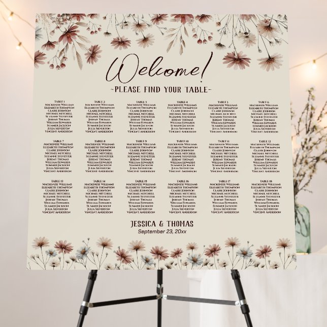 Boho Wildflowers 18 Table Wedding Seating Chart Foam Board (In Situ (Stand))